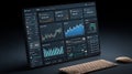 A modern computer monitor displaying a complex data analysis dashboard with a keyboard and mouse on a dark Royalty Free Stock Photo