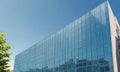 modern glass building with grid-like facade reflects the clear blue sky, with tree in the foreground. Royalty Free Stock Photo
