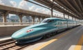 modern blue bullet train with red stripe and sleek, pointed nose is stationed at platform, ready to depart.