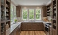 modern kitchen with wooden cabinets, white countertop, and sink, features large window overlooking trees and Royalty Free Stock Photo