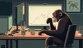 The image depicts a monkey sitting in an office.