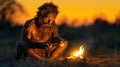 Neanderthal Caveman by Bonfire: A Portrait of Ancient Human Life Royalty Free Stock Photo