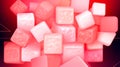 The image depicts numerous floating cubes in varying shades of pink with a glistening.