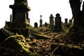 old abandoned ancient cemetery graveyard with imposing large stone tombstones covered in moss. sunny sepia.