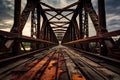 Beam Bridge. old rusty aged railroad bridge over a river. cloudy sky