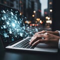 Hands typing on laptop with network visualization Royalty Free Stock Photo