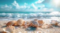 Seashells on Seashore: A Serene Beach Holiday Background Royalty Free Stock Photo