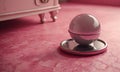 white egg-shaped object rests on pink surface, with pink cabinet and pink wall in the background. Royalty Free Stock Photo