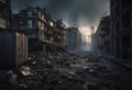 A post-apocalyptic city with buildings in ruins and rubble scattered throughout the streets.