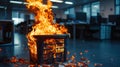 Fire Hazard: Burning Waste Bin Igniting Flames in Office Corner Royalty Free Stock Photo