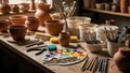Pottery studio with tools and paint Royalty Free Stock Photo