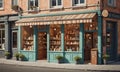 quaint storefront with green awning and large window display, featuring various items for sale, is situated Royalty Free Stock Photo