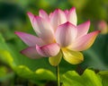 Pink lotus flower in full bloom, its petals translucent and glowing against a backdrop of soft green foliage and natural light Royalty Free Stock Photo