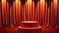 The image depicts a red circular platform illuminated by warm light, set against a backdrop of orange curtains Royalty Free Stock Photo
