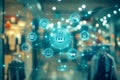 The image depicts a retail store with a blurred effect and digital icons of a shopping cart, padlock, and computer