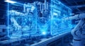 A robotic arm interacting with a futuristic digital interface in a factory Royalty Free Stock Photo