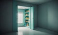 minimalist room with blue wall, white floor, and open door revealing bookshelf filled with books and various Royalty Free Stock Photo