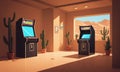 digital room with two arcade cabinets, cacti, and large window overlooking desert landscape. Royalty Free Stock Photo