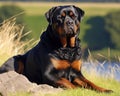 An image depicts a Rottweiler with a serious expression.