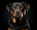 An image depicts a Rottweiler with a serious expression.