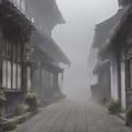 A row of buildings along a street obscured by thick fog