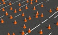3D road with numerous orange traffic cones arranged in grid-like pattern, with white lines on the road
