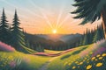 Scenic landscape with a field of flowers, trees and mountains in the background during sunrise or sunset. AI Generated Royalty Free Stock Photo