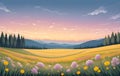 Scenic landscape during sunrise with a field of flowers, sky, clouds and trees in the background. AI Generated Royalty Free Stock Photo