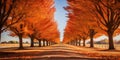 orange and yellow leaves. fall season. Road, driveway, path, boulevard, byway, route, track, trail, street, row of trees. Royalty Free Stock Photo