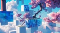 Serene pixel art cloudscape with floating cherry blossoms. AI generated Royalty Free Stock Photo