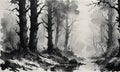 black and white forest scene with tall trees, winding path, and misty atmosphere. Royalty Free Stock Photo