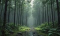 serene forest scene features winding path through tall trees, with sunlight filtering through the canopy and Royalty Free Stock Photo