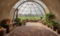 greenhouse-like structure with curved glass roof and arched doorway, filled with potted plants and rug, Royalty Free Stock Photo