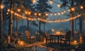cozy outdoor dining area is illuminated by string lights, featuring table with chairs, plants, and vase Royalty Free Stock Photo
