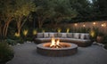 cozy outdoor seating area features circular stone fire pit with warm fire, surrounded by wooden bench, Royalty Free Stock Photo