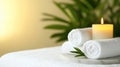 A candle on a towel with a plant. Royalty Free Stock Photo