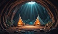 Two teepees with lit fires stand in cave, surrounded by rocks and illuminated by beams light from above. Royalty Free Stock Photo