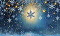 digital snowy night sky with central star and falling snowflakes, illuminated by bright light source.