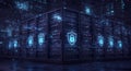 secured server room with digital overlay visuals Royalty Free Stock Photo