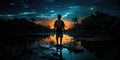 the silhouette of a young black boy overlooking a lake in sunset. rain forest lush jungle. tropical. Brazilian poverty boy. Royalty Free Stock Photo