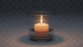 A serene candle burning gently inside a transparent glass holder against a soft backdrop Royalty Free Stock Photo
