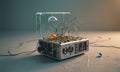3D metallic box with transparent lid, filled with colorful objects, sits on gray surface with scattered wires. Royalty Free Stock Photo