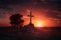 Solitary Cross Standing Against a Vibrant Sunset Sky