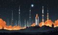 rocket launch is depicted at night, with bright moon and orange and white smoke trails, surrounded by Royalty Free Stock Photo