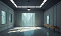 modern, minimalist hallway with large window, wooden table, and hanging light fixture, bathed in natural Royalty Free Stock Photo