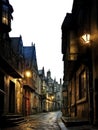 Medieval city street, alley. transparent background PNG. Silhouette of a medieval city street. Royalty Free Stock Photo