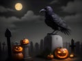 raven perched in grave with halloween pumpkin ai generated Royalty Free Stock Photo