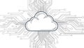 A cloud computing symbol surrounded by circuit board lines and dots on a white background Royalty Free Stock Photo