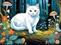 White Cat in Enchanted Forest Illustration Royalty Free Stock Photo