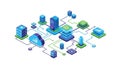 A vibrant isometric illustration of a connected network of digital servers and data storage Royalty Free Stock Photo